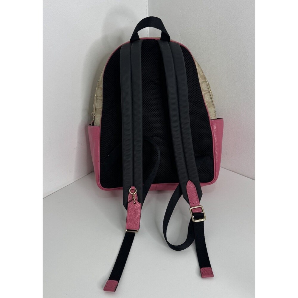 Coach Backpack Court Khaki Pink Saddle Signature Coated Canvas Leather EXC - Picture 2 of 13